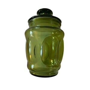 L.E.Smith Avocado Green Bubble Glass Cannister Apothecary Jar Seal Tight Lid 70s